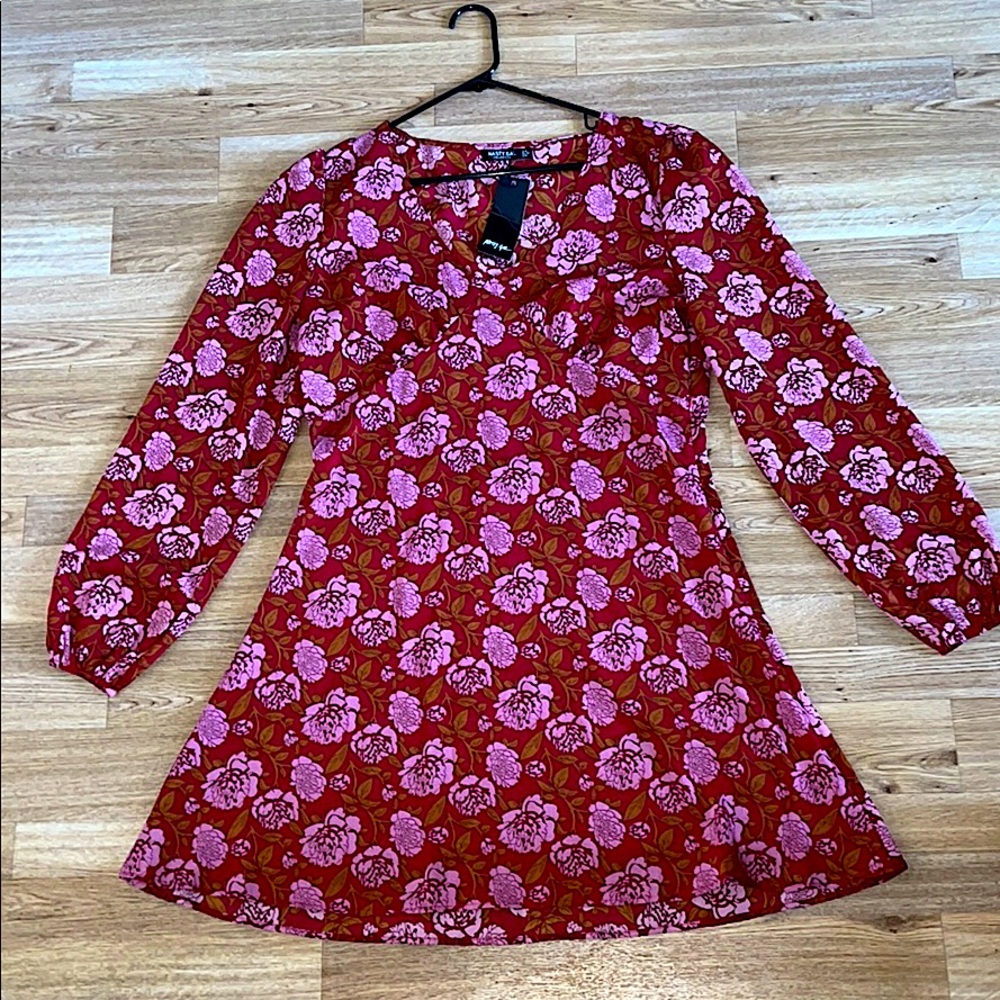 Nasty Gal Burgundy Floral Long-sleeve Mini Dress